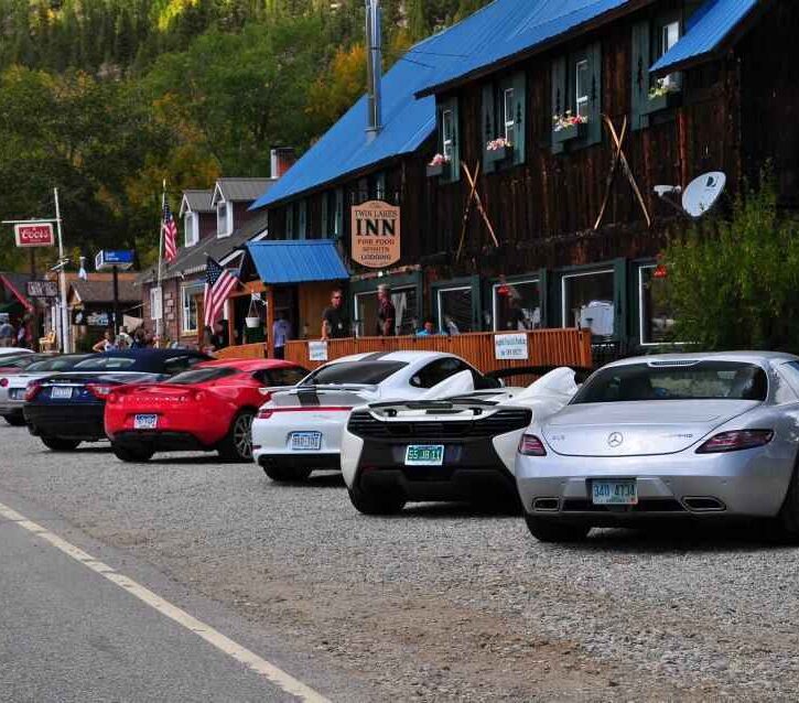 Peak to Peak Rallye sports cars outside Twin Lakes Inn